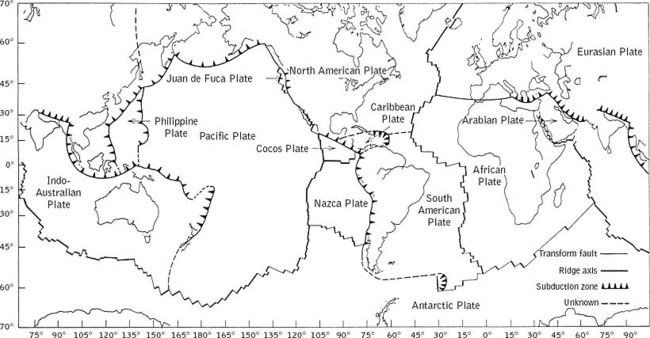 Major plates of the world and their boundaries. (After Turcotte, D. L. and 